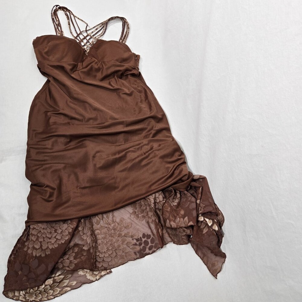 Vintage S.L.Fashions Y2K Steampunk Whimsigoth BROWN Babydoll Midi Dress Size 12. - Picture 12 of 17